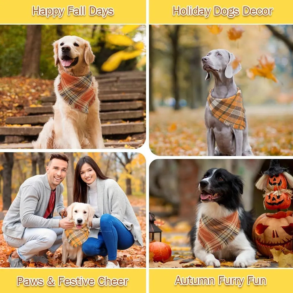 Brown, green, orange, red, and yellow plaid dog bandana with tassels on the edges.