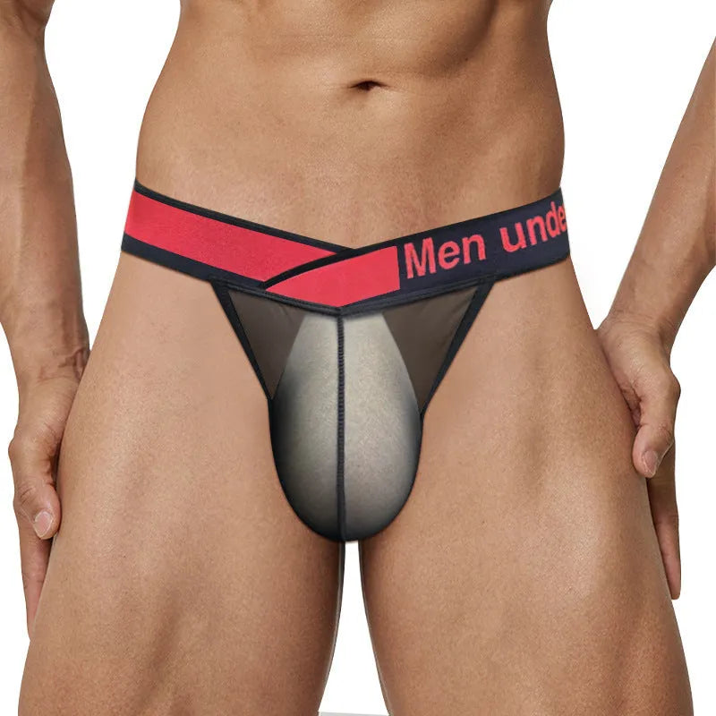 Men's transparent ice silk breathable underwear with large V gradient design in red, black and white colours