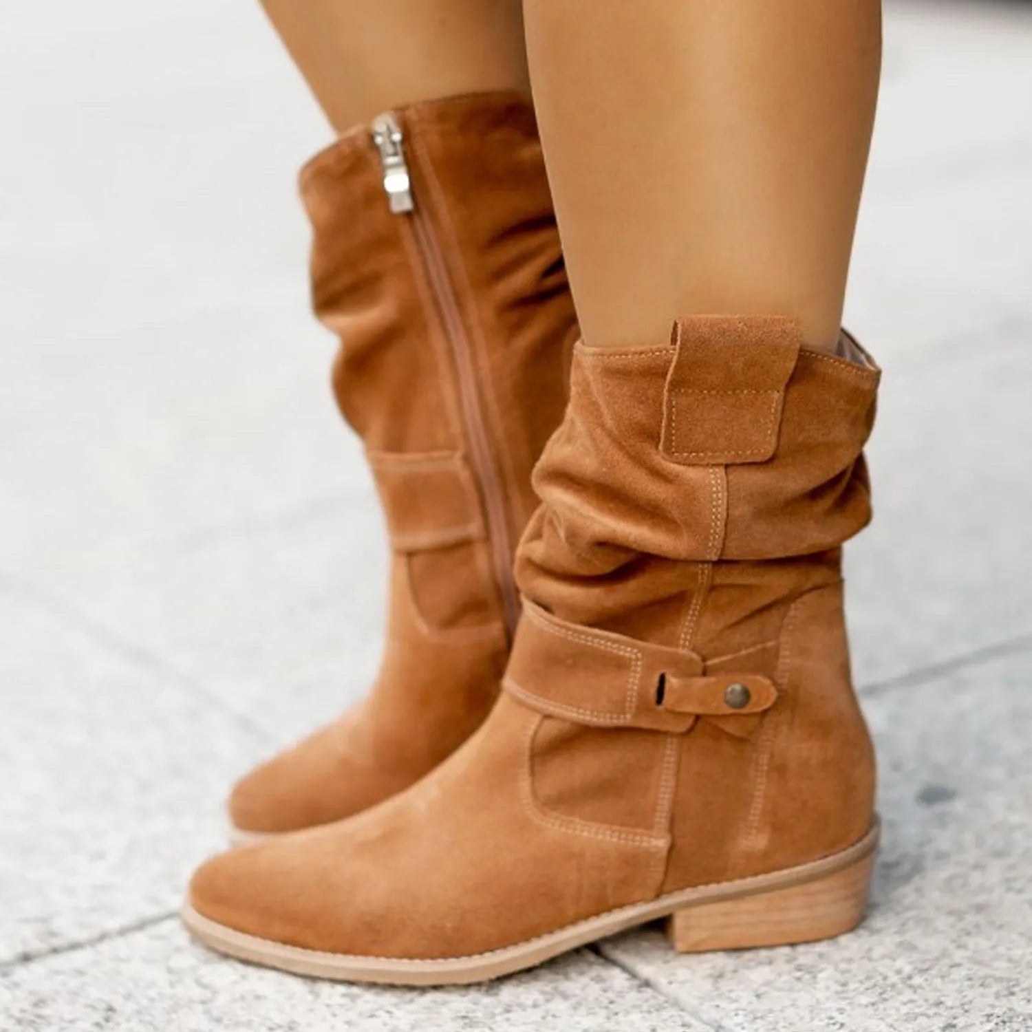 Women's pointed toe mid-calf suede western boots with side zipper and square heel in black