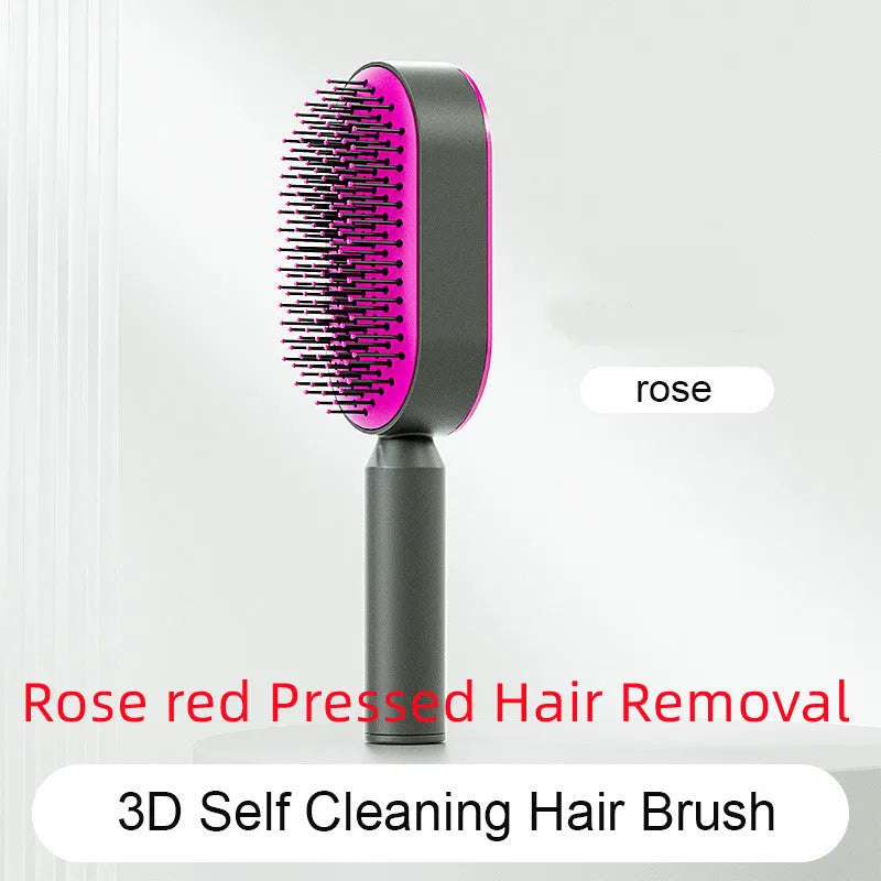 Self-cleaning air cushion hair brush in white, black gold, or black purple with ergonomic handle