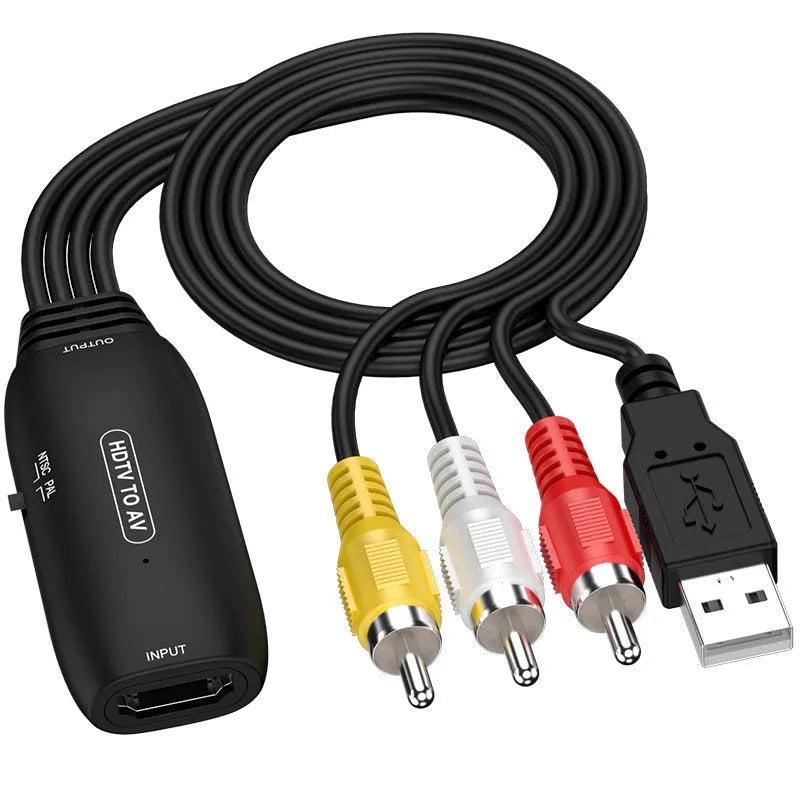 HDMI to AV converter cable with 110cm length and two connector styles for 1080p video transfer