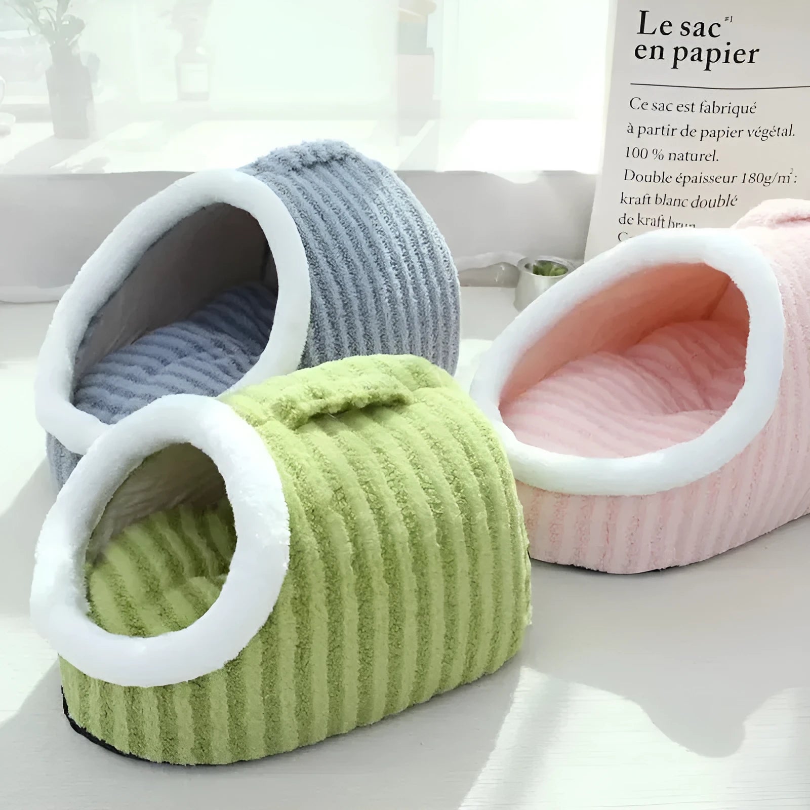 Thickened 3D striped pet bed with removable sponge padding in blue, green, pink or yellow