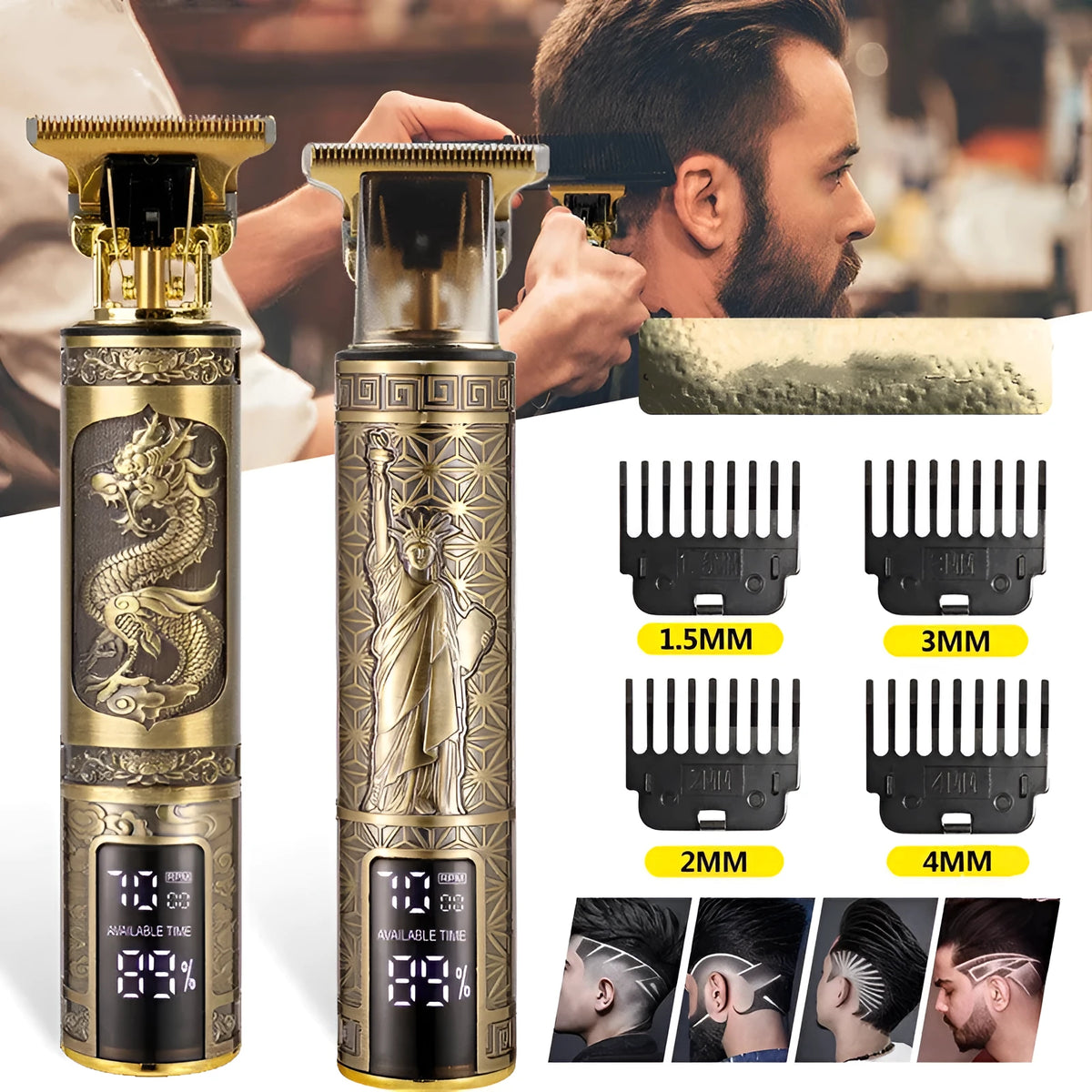 Rechargeable hair clipper with digital display, stainless steel blade, aluminium alloy shell, and 1500mAh battery