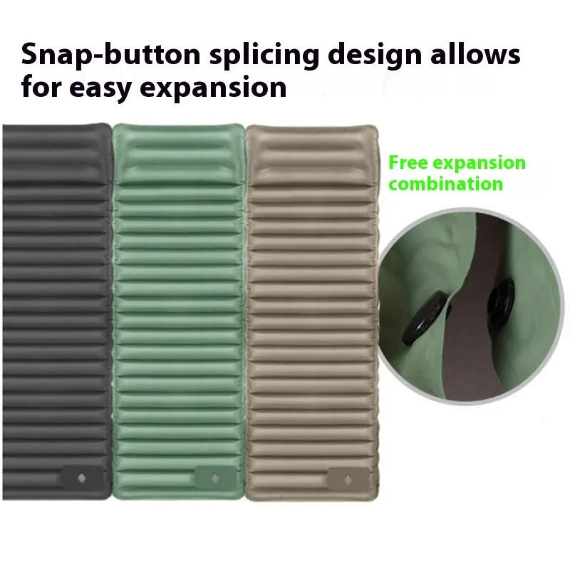 Single inflatable camping air mattress in grey, shown rolled and expanded, with integrated valve.