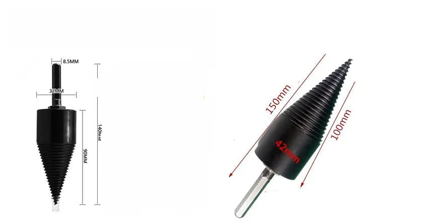 A steel firewood-splitting drill bit with a pointed cone and hexagonal shank for electric drills.