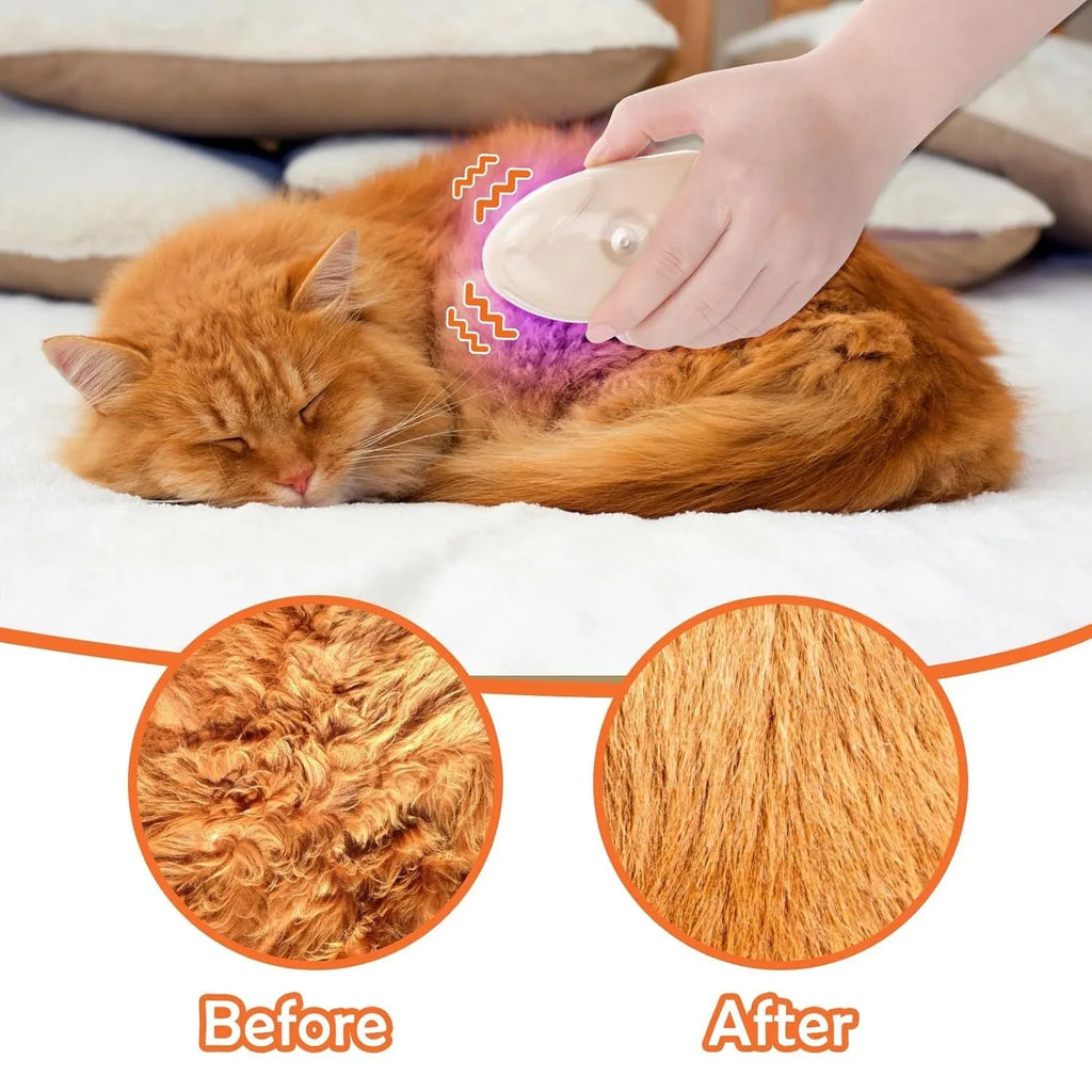 Yellow 4-in-1 cat steam brush with silicone teeth, steam spray function, and UV ringworm detector lamp