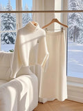 White knitted sweater skirt suit for women with long sleeve top and long skirt, solid colour stitching, sizes S to 3XL.