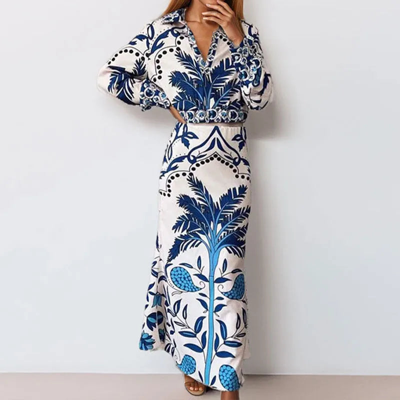 Women's long sleeve top and long skirt two-piece casual set in picture colour, loose fit.