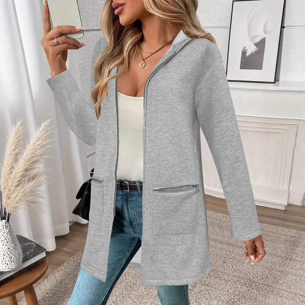 Loose fit women's mid-length cardigan coat in polyester, shown in grey, black or khaki with pockets.