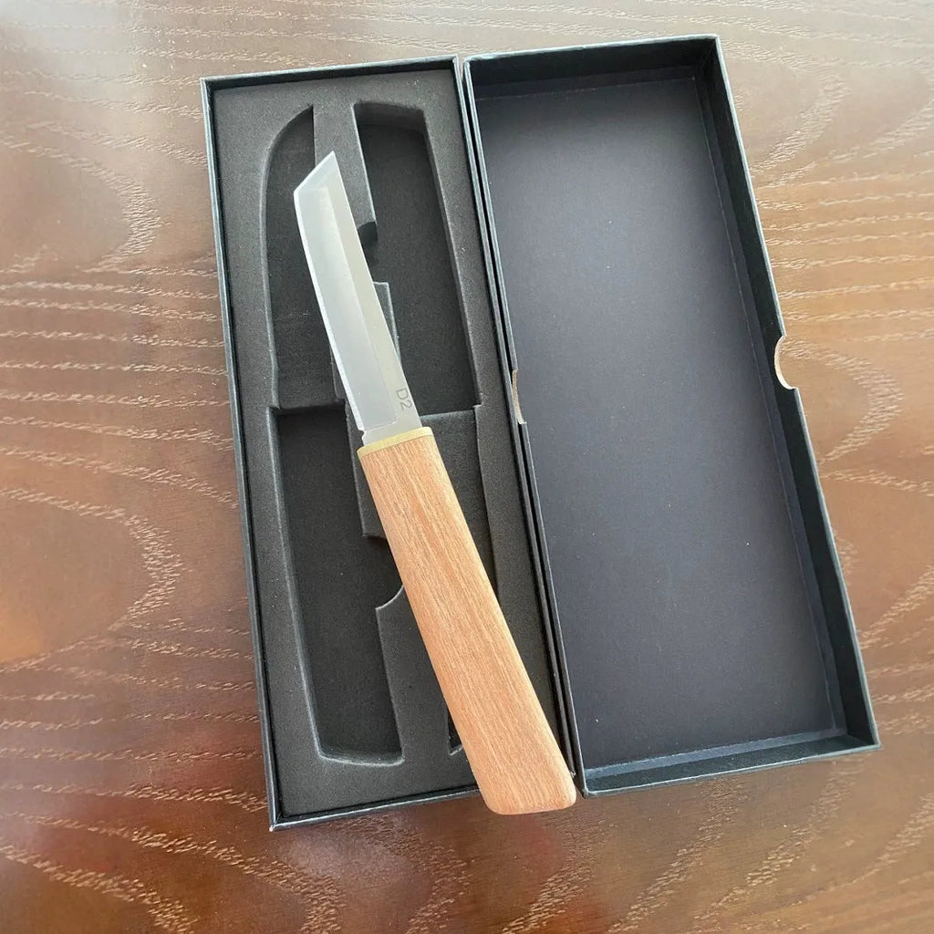 2-in-1 fruit knife set with stainless steel blades, wooden handles, and pointed and square heads
