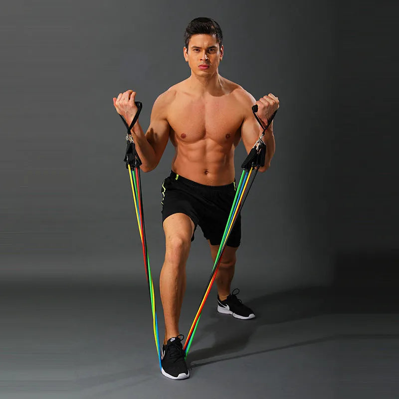 11 piece TPE latex tensioner set for home fitness with colour-coded resistance bands