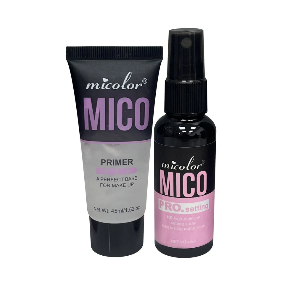 Two-in-one makeup primer and setting spray system with 45ml and 40ml bottles in monochrome packaging