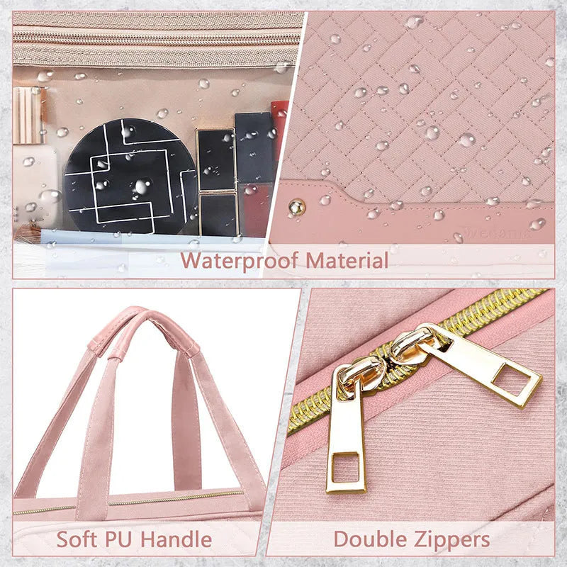 Waterproof polyester hanging cosmetic bag with internal compartments in pink colour