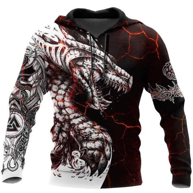 Men's animal-print pullover hoodie with long sleeves, round collar and polyester fabric, sizes XS to 4XL