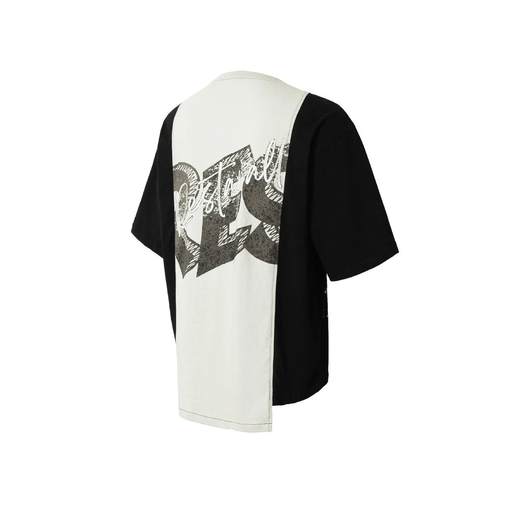 Men's black and white deconstruction print cotton blend t-shirt with loose fit and short sleeves