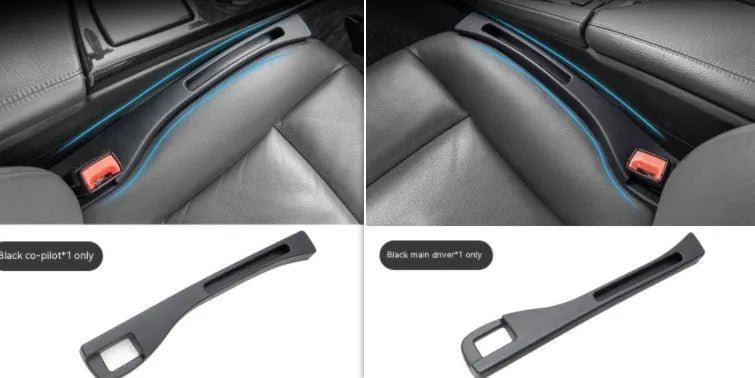 Black car seat gap storage box organiser between vehicle front seats with customisable handles
