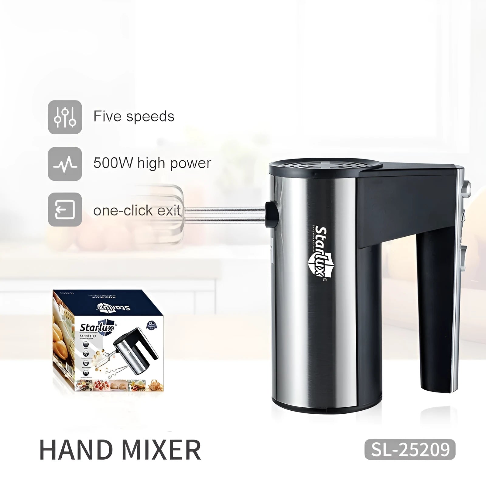 Silver handheld electric kitchen mixer with two metal beaters and 5-speed control dial