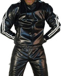 Men's black hooded PU leather sports jacket and matching trousers laid flat.