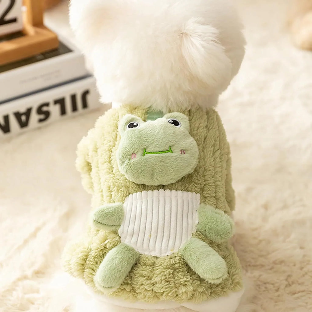 Green plush fleece dog hoodie with 3D frog face, white trim, and D-ring on belt for lead attachment.