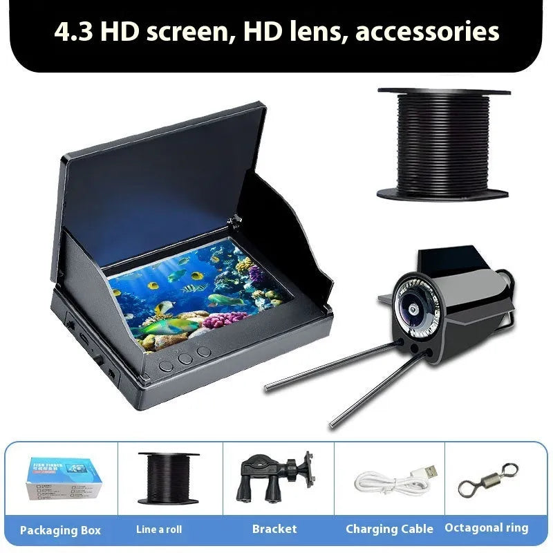 Portable fish finder underwater camera with a 4.3-inch screen, showing the camera unit with night vision LEDs.
