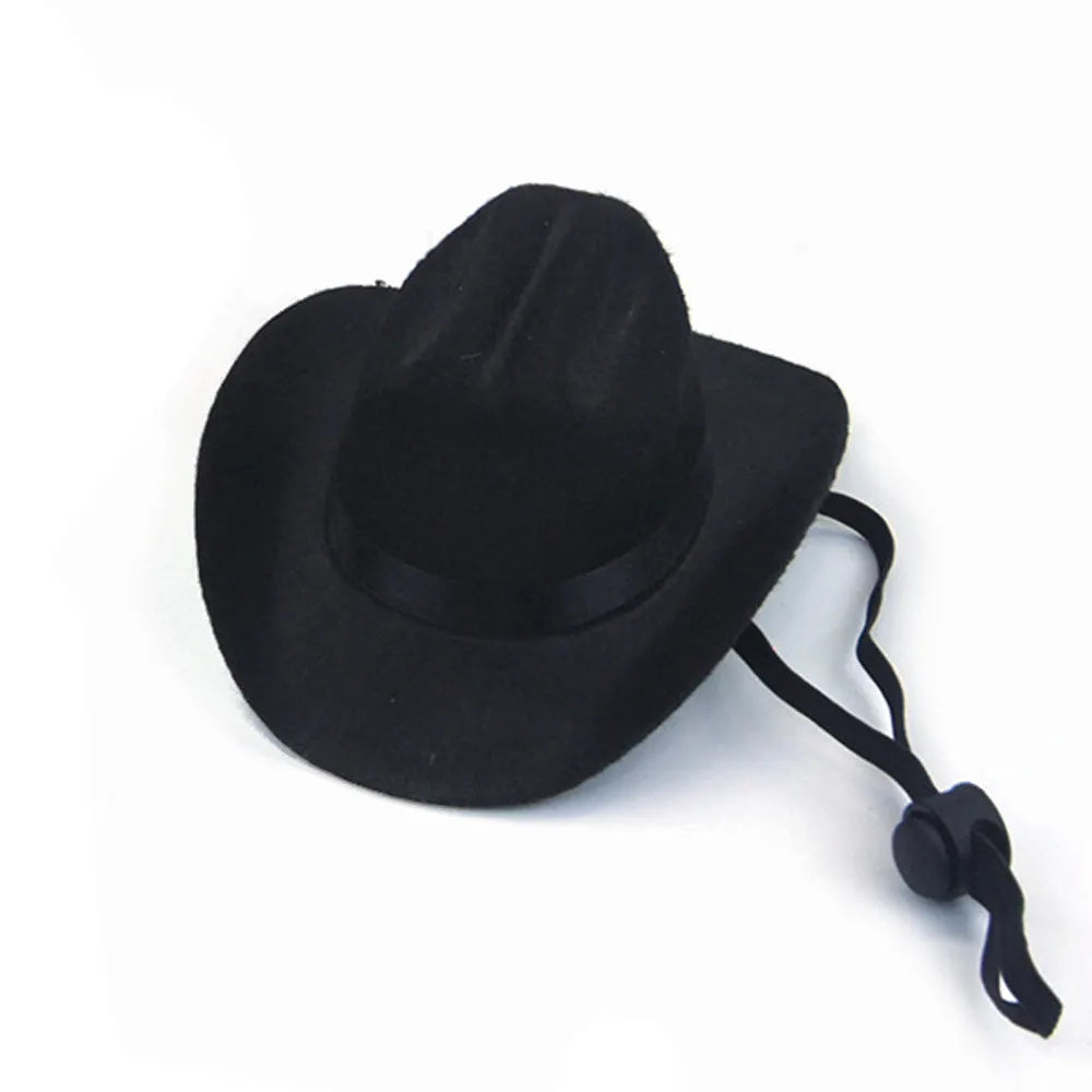Adjustable cowboy hat for pets in black, brown, burgundy, or coffee on a dog