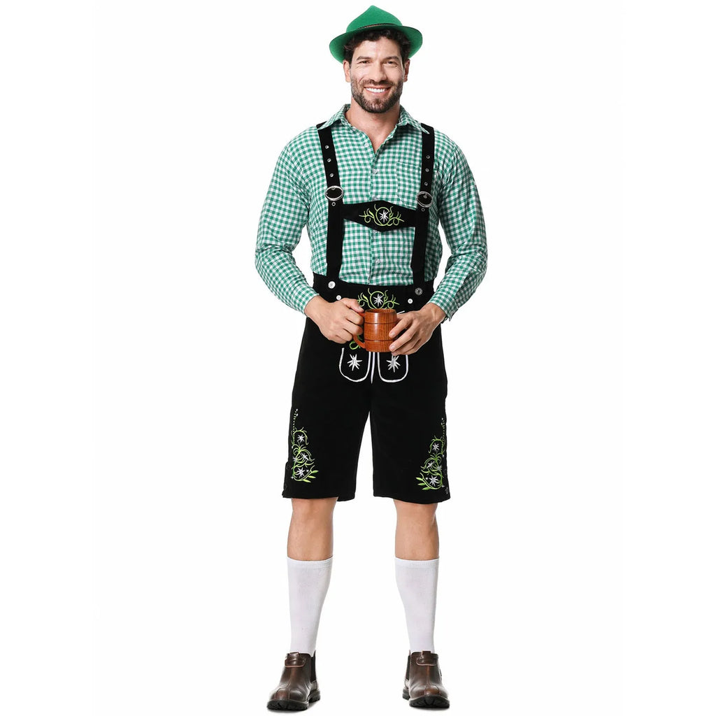 Men's plaid suspenders suit set in black with hat, top, camisole, and pants, polyester fabric, embroidery details