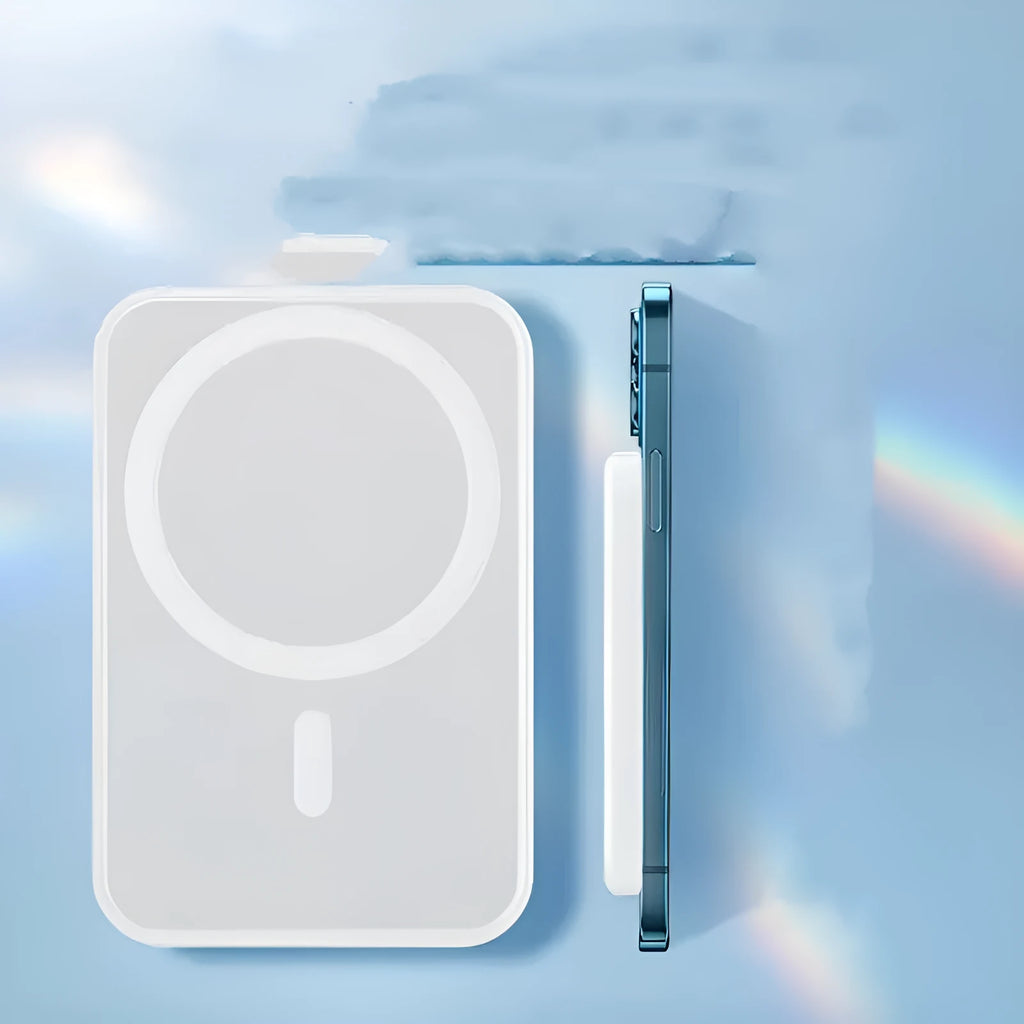 White magnetic wireless charger power bank showing creative design with 5000mAh capacity