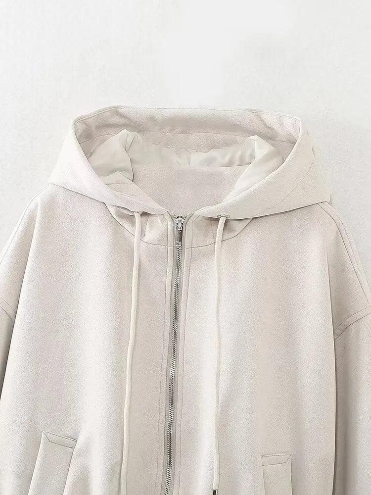 Women's suede hooded casual jacket in white or black colour with Asian sizing