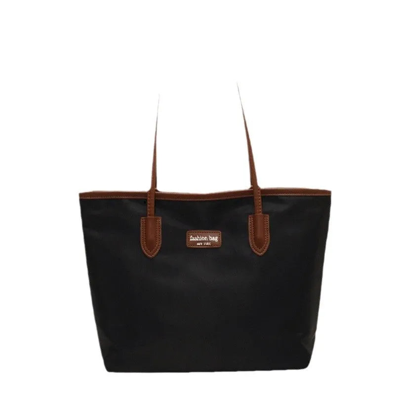 Large capacity women's shoulder bag in black oxford cloth with double straps and hidden pocket, vertical square shape
