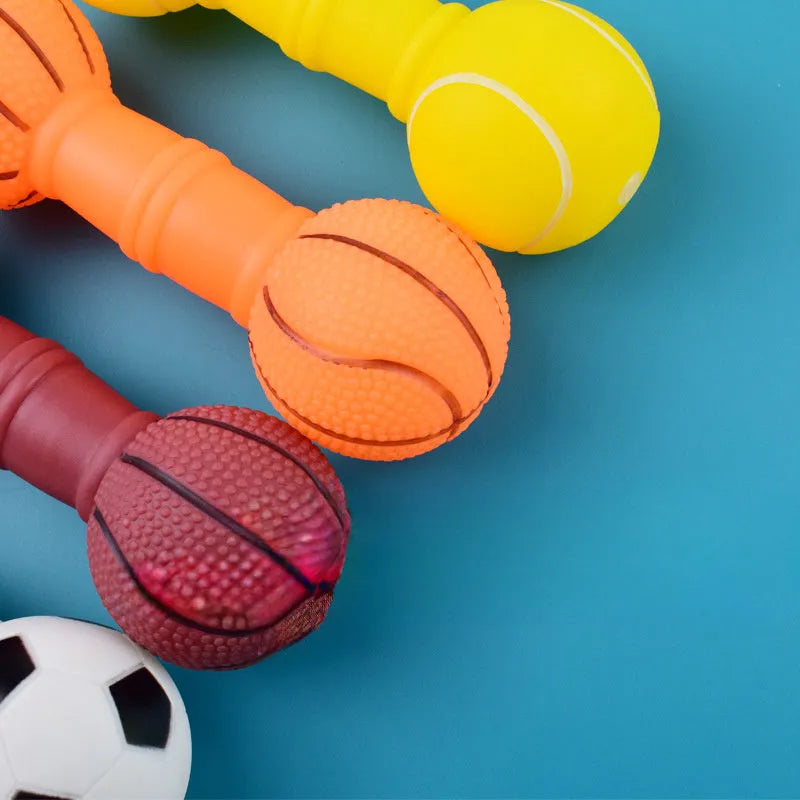 PVC football dumbbell shaped dog chew toy in yellow with squeaker