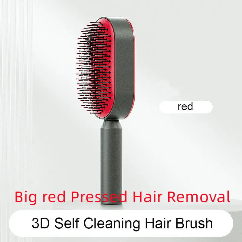 Self-cleaning air cushion hair brush in white, black gold, or black purple with ergonomic handle
