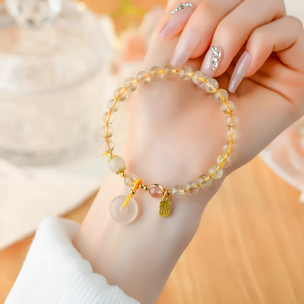 Gold rutilated quartz bracelet with geometric peace buckle and blessing card pendant in national style