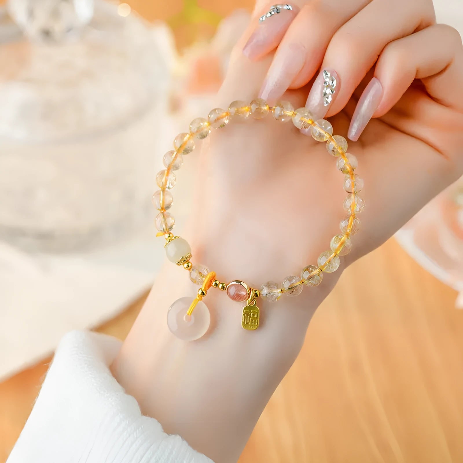 Gold rutilated quartz bracelet with geometric peace buckle and blessing card pendant in national style