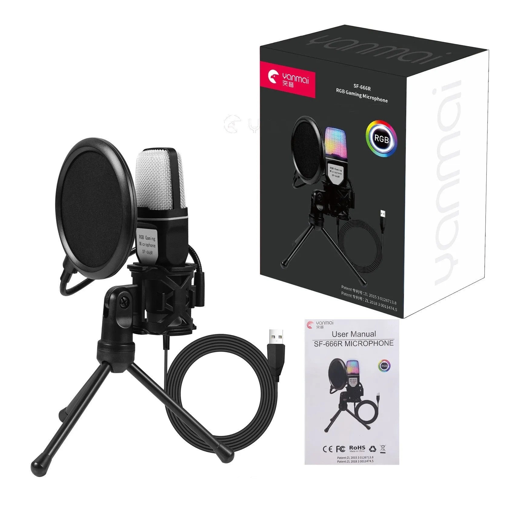 SF-666R black desktop microphone with bracket and spray screen on a desk