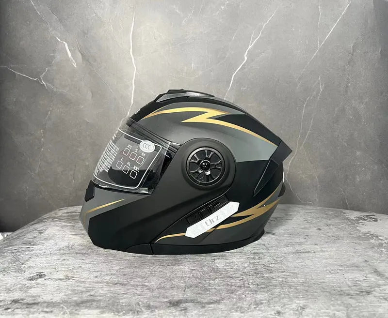 Full face ABS motorcycle helmet in matte black with black ribbon detailing, S to XL sizing options