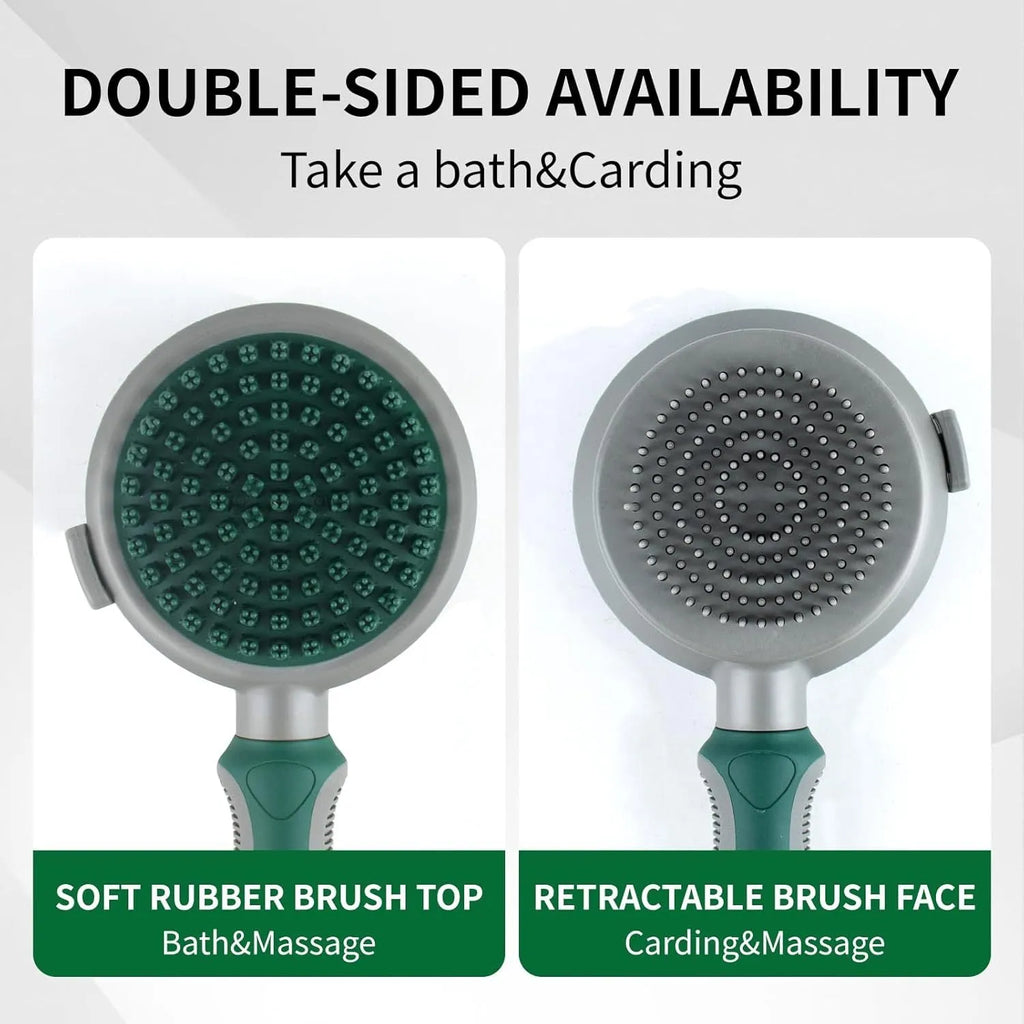 Green and pink 2-in-1 silicone cat hair brush with retractable slicker brush and massaging head.
