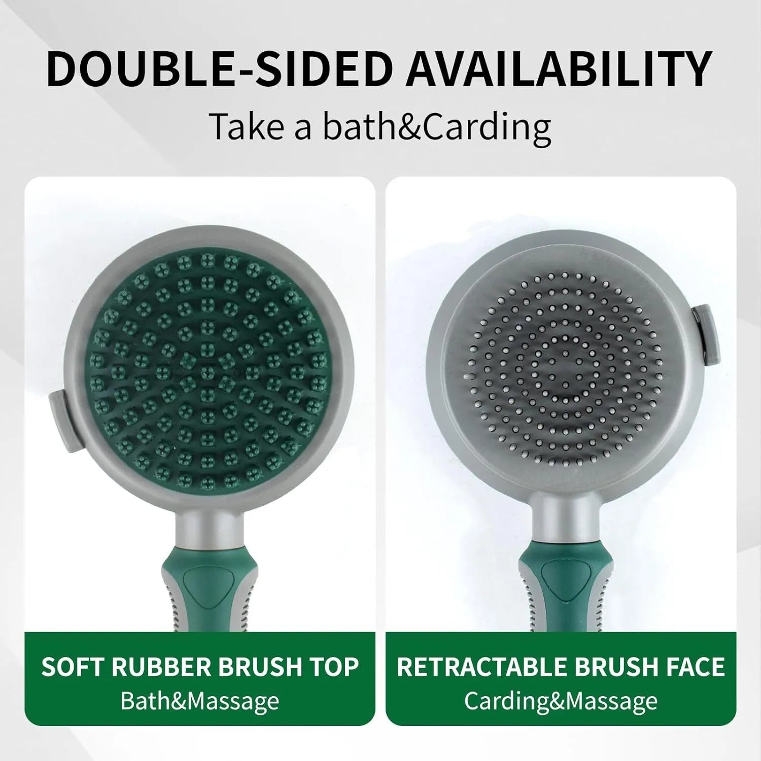 Green and pink 2-in-1 silicone cat hair brush with retractable slicker brush and massaging head.