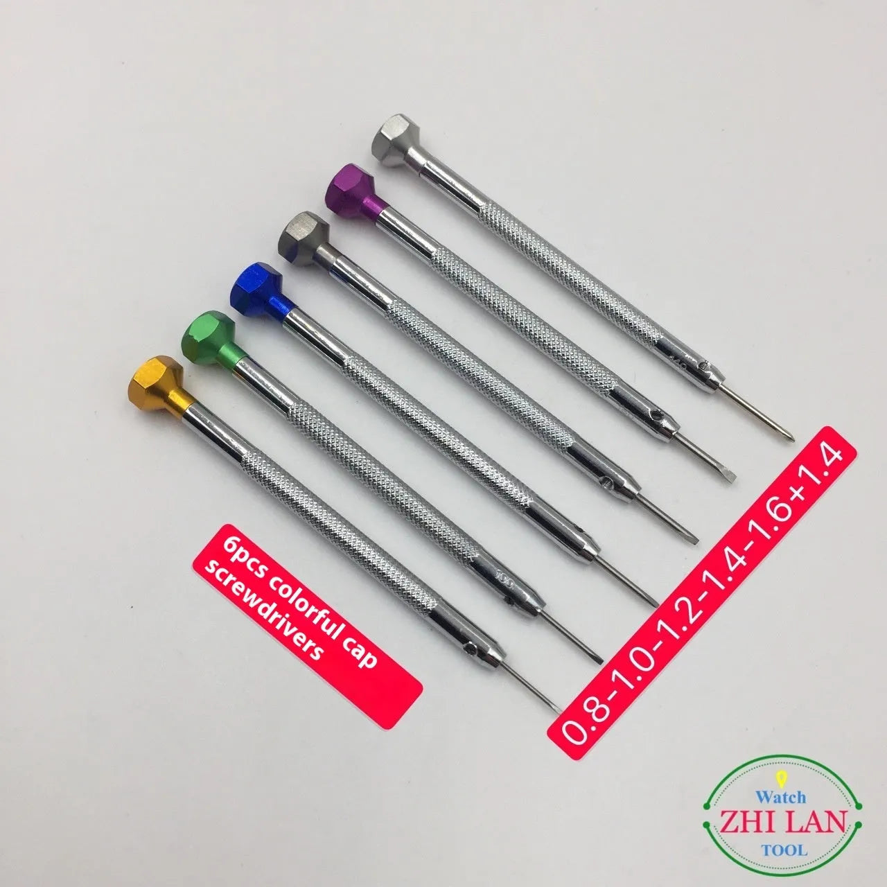 6-piece colour aluminium watch screwdriver set with oxidation-treated heads and copper handles