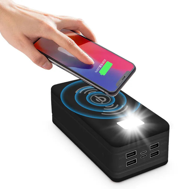 Solar wireless power bank in black with colour accents showing charging ports and solar panel