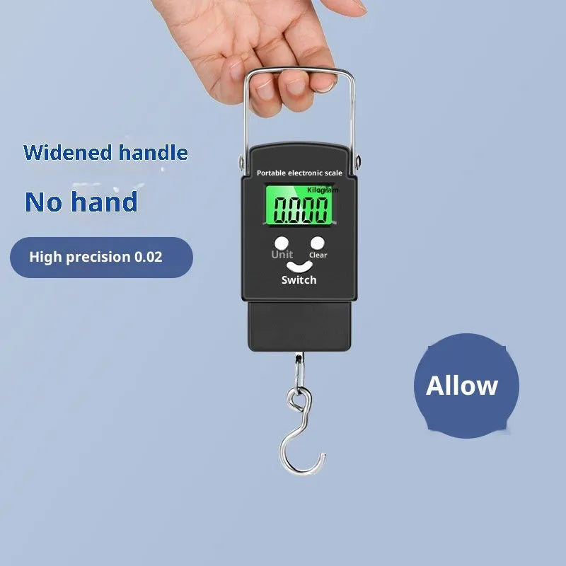 Mini handheld electronic scale with blue backlight display, 50kg capacity, plastic body, English or Chinese text option