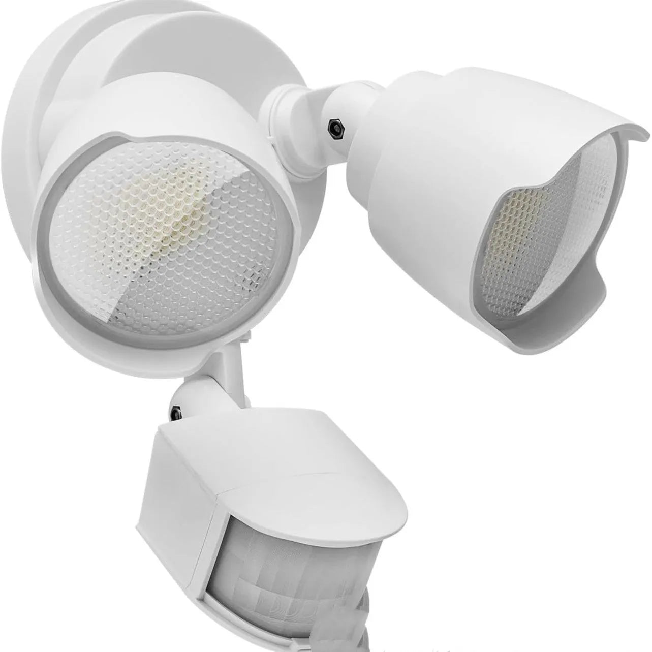 White outdoor LED security flood light with motion sensor mounted on a wall.