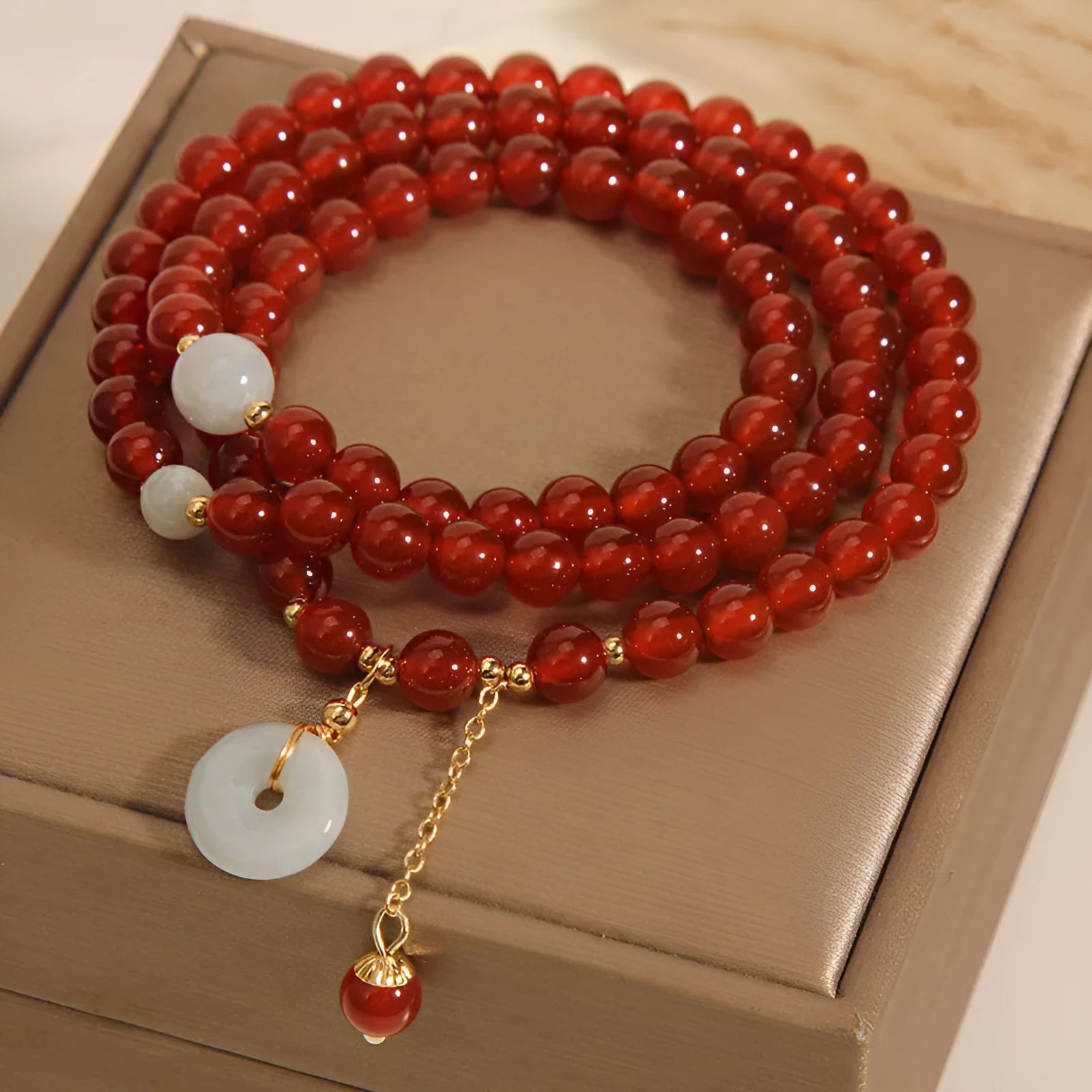 Women's red agate crystal bracelet with multi-layer beads and elastic adjustable band
