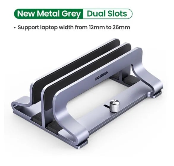 Silver aluminium laptop cooling stand with adjustable width from 12mm to 26mm