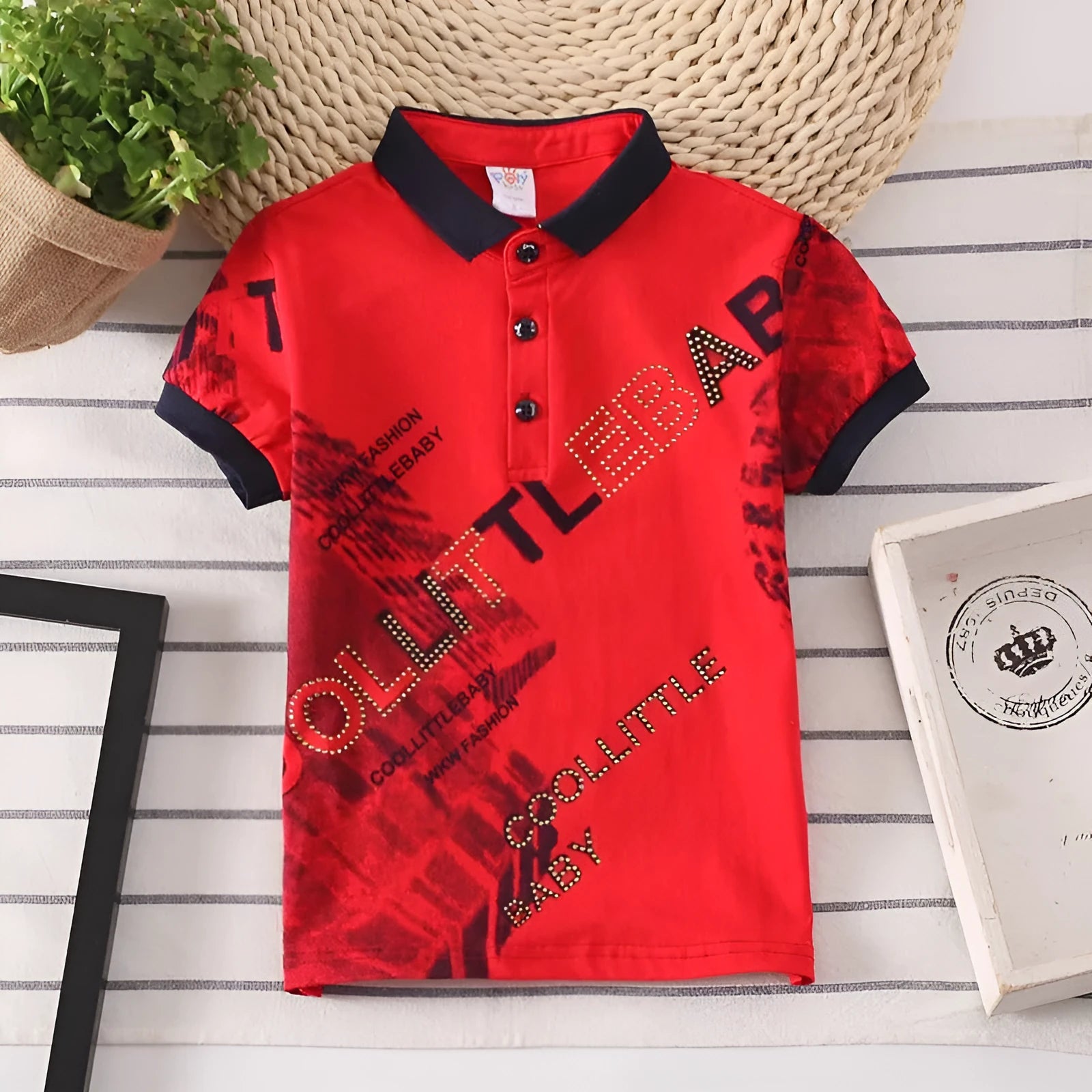 Boys short sleeve cotton t-shirt with lapel collar in solid colour options.