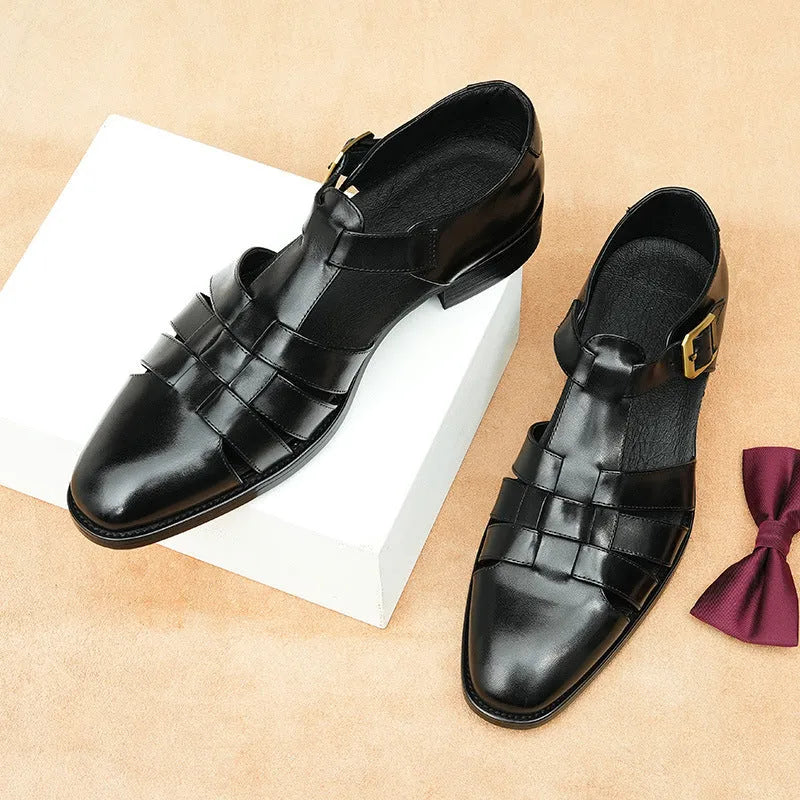 Men's black leather sandals with cowhide upper and rubber sole.