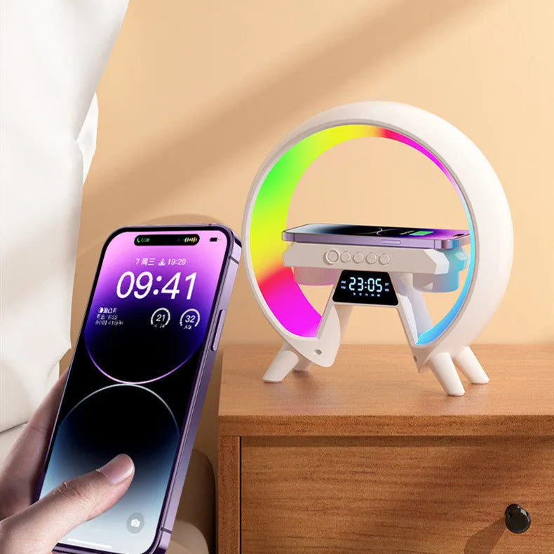 Bedside Bluetooth speaker with wireless charger and clock light, USB powered, 236mm round unit