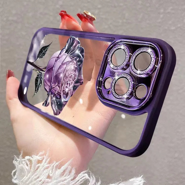 Rose design phone case with sparkling lens film for iPhone models in pink and purple colours