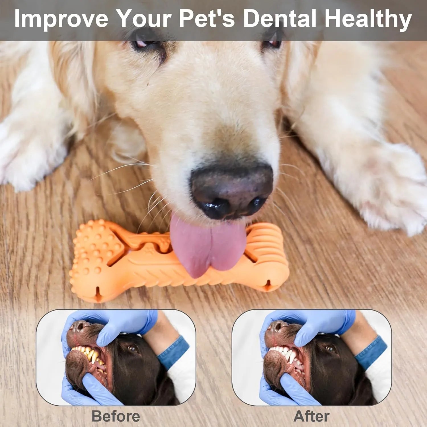Blue durable natural rubber bone-shaped dog chew toy on a plain background
