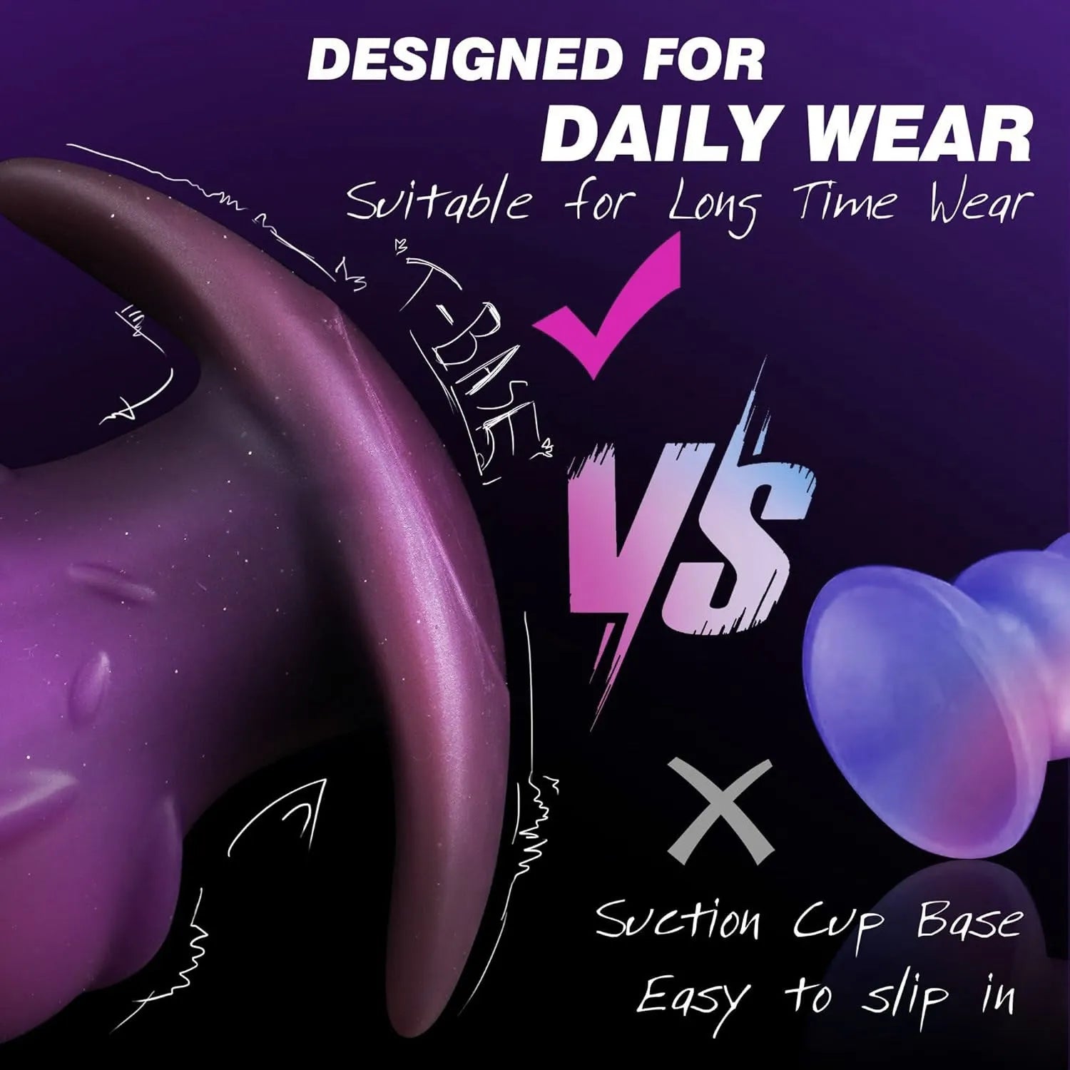 Liquid silicone adult masturbator in black, gold, or purple colour, shown in sizes S, M, L, and XL.