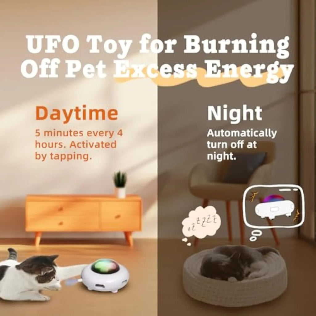 White automatic cat toy with colourful feathers and LED lights for indoor play